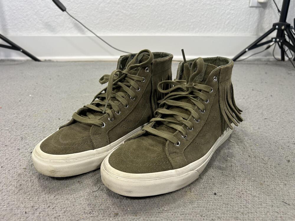 Vans Sk8-Hi Moc Shoes Mens 7.5 Women 9 Green Suede Fringe High Top Skate Sneaker